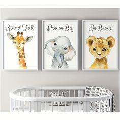 three baby nursery prints featuring giraffes and elephants