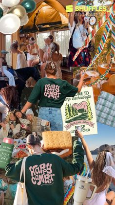 a collage of photos with people holding signs and balloons in the air above them