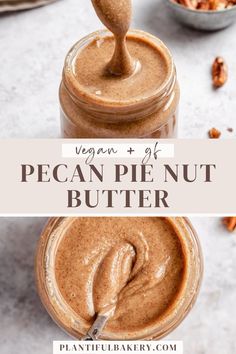 two jars filled with chocolate and pecans on top of a white counter next to a spoon