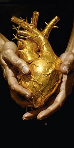 two hands holding a gold heart in the shape of a human heart, against a black background