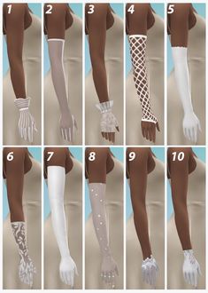 the instructions for how to wear white gloves and arm warmers in different styles, sizes and colors