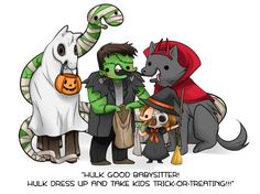 three cartoon characters dressed in halloween costumes