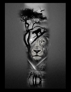 a black and white photo with a lion, giraffe, and tree in the background