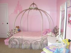 2 little girls bedroom 3 Add tulle to bed Cinderella Carriage Bed, Pink Cinderella, Carriage Bed, Girls Canopy, Cinderella Theme, Girls Room Design, Pink Bedroom For Girls, Pink Girl Room, Princess Carriage