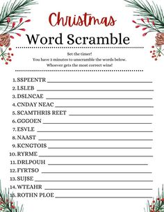 a christmas word scramble with holly branches and pine cones on the top, surrounded by red berries