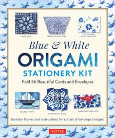 the blue and white origami stationery kit includes cards, envelopes, and more