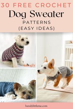 three pictures of dogs wearing sweaters with text overlay that reads 30 free crochet dog sweater patterns easy ideas