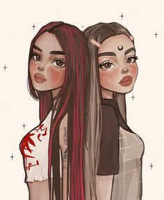 two girls with long hair and tattoos on their faces