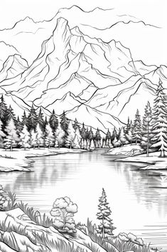 a black and white drawing of a mountain lake