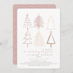 a pink and gold christmas tree baby shower card on a white background with polka dots