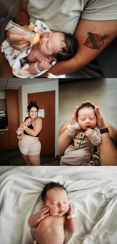 a woman holding a baby in her arms while she holds it up to her face