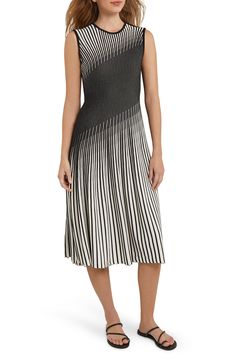 Variegated stripes create a mesmerizing effect on a sweater dress knit in a timeless A-line silhouette. 42" length Slips on over head Crewneck Sleeveless 52% rayon, 48% polyester Machine or hand wash, dry flat Imported Elegant Jacquard Knit Midi Dress, Elegant Striped A-line Midi Dress, Spring Jacquard Knit Dress, Fitted Striped Knit Dress, Chic Striped Knit Dresses, Dress Knit, Contrasting Trim, Weave Style, Trim Detail