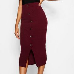 Brand New With Tags Burgundy Color Size 10 Us Knee-length Bottoms With Buttons For Winter, Red Buttoned Skirt, Red Fitted Skirt With Buttons, Fitted Red Skirt With Buttons, Fitted Red Skirt With Button Closure, Hot Pink Pencil Skirt, Olive Green Skirt, Suede Pencil Skirt, Faux Leather Midi Skirt