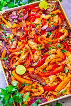 chicken fajita casserole with red peppers, onions and cilantro