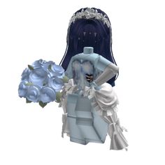 a woman in a blue dress holding a bouquet of flowers next to a mannequin