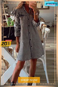 Houndstooth Print Fungus Edge Dress Casual Gingham Long Sleeve Dress, Casual Long Sleeve Gingham Dress, Gingham Plaid Dress For Day Out In Fall, Casual Houndstooth Dress For Fall, Long Sleeve Houndstooth Pattern Spring Dress, Long Sleeve Houndstooth Dress For Spring, Collared Gingham Dresses, Casual Gingham Collared Dress, Casual Collared Gingham Dress