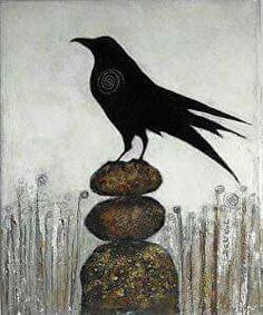 a painting of a black bird sitting on top of rocks with the sun in the background