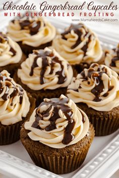 chocolate gingerbread cupcakes with whipped cream frosting on a white platter