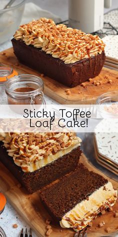 two slices of sticky toffee loaf cake on wooden cutting boards