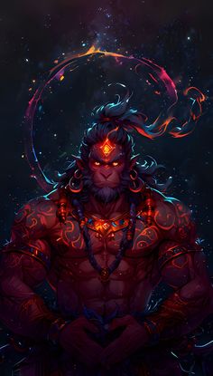 an illustration of a demon with glowing eyes and long hair, standing in front of a dark background