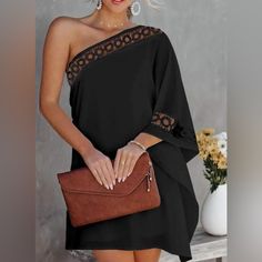 Casual One Shoulder Lace Dress Great Detail Around The Neck And Shoulder All The Way Down To The Arm Great For A Cover Up During The Summer Dress It Up For A Night Out Color Is Black Fabric Contents: 100% Polyester