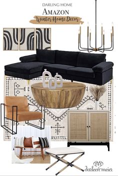 a living room with black furniture and accessories in it, including a couch, chair, table