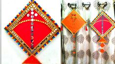 the curtains are decorated with colorful beads and tassels, along with bead work