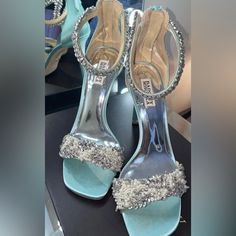 Badgley Mischka Fiorenza Crystal And Pearl Embellished Sandal In Blue Radiance Satin, Size 10, Wore Once, Comes With Shoe Box Blue Glamorous Wedding Shoes For Party, Blue Embellished Evening Wedding Shoes, Blue Embellished Wedding Shoes For Evening, Embellished Blue Heels For Gala, Blue Embellished Heels For Gala, Blue Embellished Heels For Cocktail, Glamorous Embellished Blue Heels, Glamorous Blue Embellished Heels, Badgley Mischka Shoes