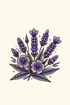 a drawing of purple flowers on a white background