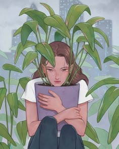 a painting of a girl holding a plant in her lap