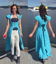 two pictures of a woman dressed in costume on the dock, one is holding her hand out