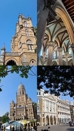 three different views of an old building in the city