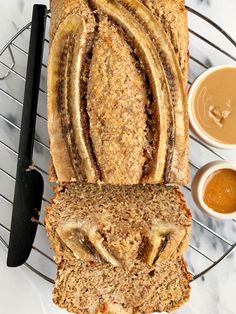 two slices of banana bread on a cooling rack