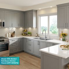 a kitchen with gray cabinets and white counter tops