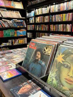 there are many records on display in the store