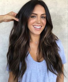 Women Dark Brown Hair, Long Rounded Haircut, Black Hair Summer Color, Dark Brunette Hair Dimension, Long Dark Hair With Dimension, Dark Hair With Subtle Dimension, Long Dark Hair With Lowlights, Dark Brunette Hair With Subtle Dimension, Dark Hair For Hazel Eyes