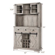 an image of a large wooden cabinet with drawers and wine racks on it's sides