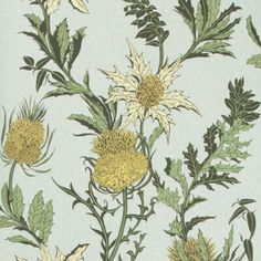 an image of flowers and leaves on a wallpaper pattern in green, yellow and white