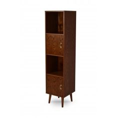 a tall wooden cabinet with two drawers on one side and an open drawer on the other