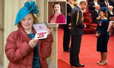 a woman in a red coat and blue hat holding an award next to pictures of other people