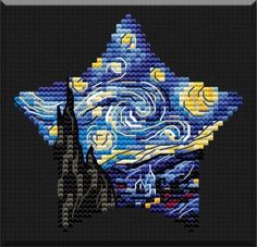 the starry night is depicted in this cross - stitch pattern, and it appears to be made out of legos