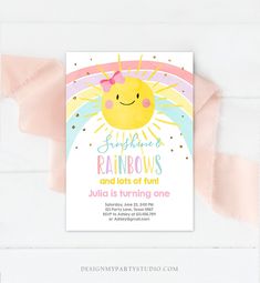 this is an image of a birthday party card with the sun and rainbows on it