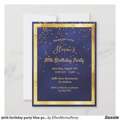 a blue and gold birthday party card with confetti on the top, stars in the background