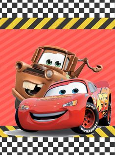 the character from cars is shown in front of a red and black checkered background