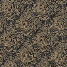 an intricate black and gold wallpaper with trees, flowers, and animals on it