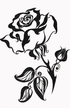 an ink drawing of two roses with swirls and leaves on the petals, one is black and white