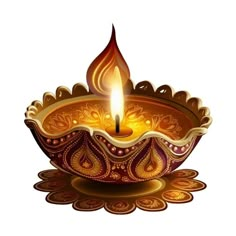 a decorative diya with a lit candle in the center on a white background photo