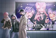 some anime characters are standing in front of a sign that says bonten trio on it