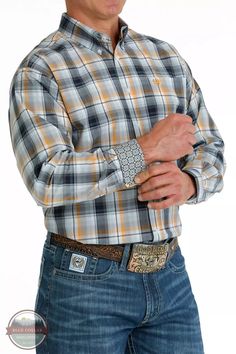 Cinch MTW1105689 Plaid Button-Down Western Long Sleeve Shirt in Light Blue/Navy/Orange Profile View Light Blue Plaid, Western Apparel, Plaid Print, Plain Weave, Long Shirt, Western Outfits, Contrast Trim, Blue Plaid, Front Pocket