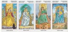 four tarot cards depicting the five major deities